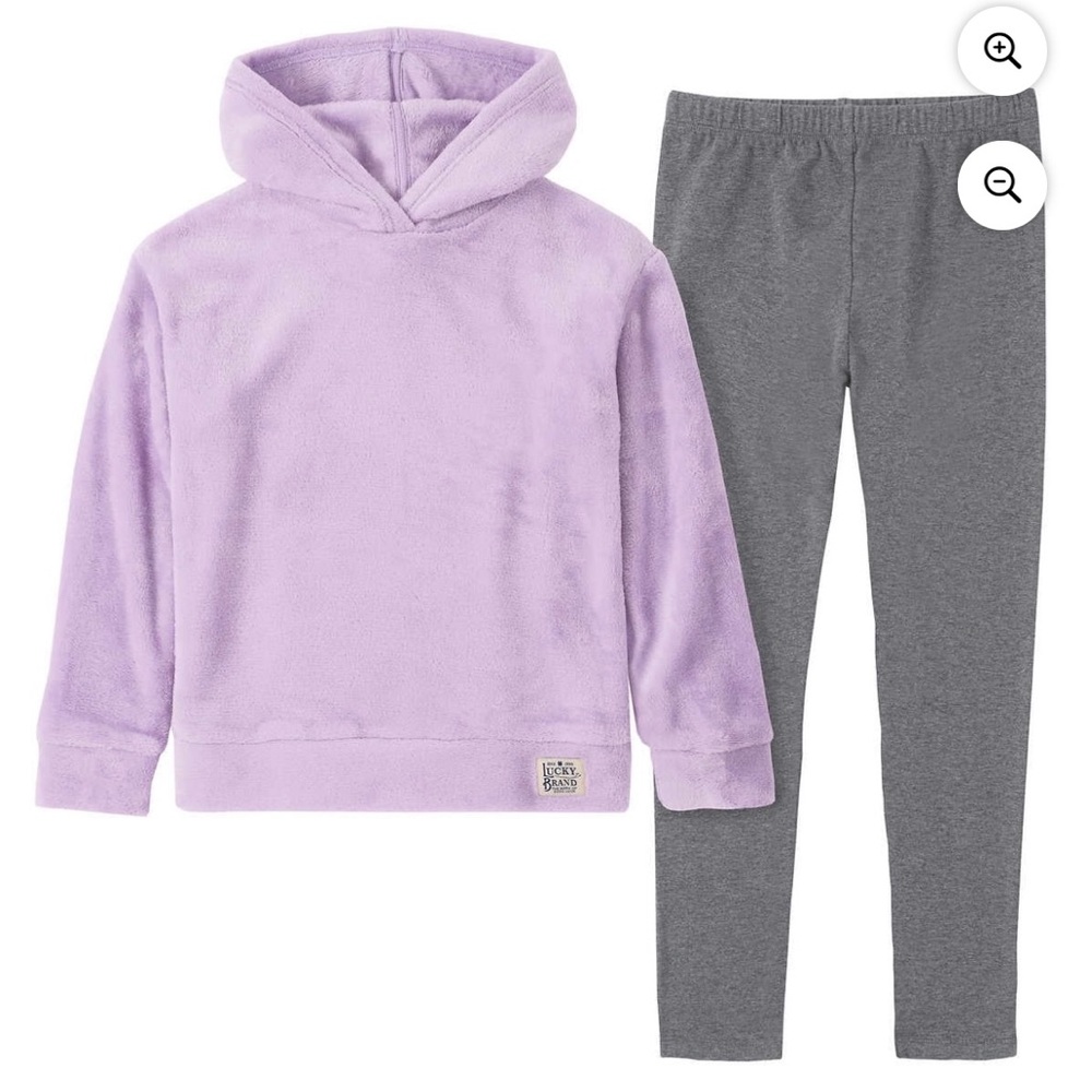 Lucky Brand fuzzy purple top and gray leggings set. size small 7/8.